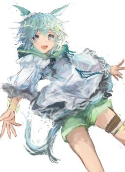 1girl animal_ears blue_eyes bracelet dress ear_covers flower green_sailor_collar green_shorts grey_hair hair_between_eyes hair_flower hair_ornament hairclip horse_ears horse_girl horse_tail jewelry long_sleeves looking_at_viewer open_mouth sailor_collar seiun_sky_(reeling_in_the_big_one)_(umamusume) seiun_sky_(umamusume) shirt short_hair shorts simple_background single_ear_cover smile solo sunflower sunflower_hair_ornament tail thigh_strap umamusume white_background white_dress yanagi_wakana