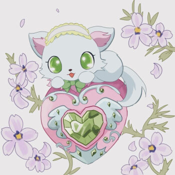 Rule 34 | animal, animal focus, bow, bowtie, commentary request, dog, flower, gem, green bow, green bowtie, green eyes, hairband, heart, jewelpet (creature), jewelpet (series), lolita hairband, masaki (ma po7), milky (jewelpet), no humans, purple flower, solo, white background