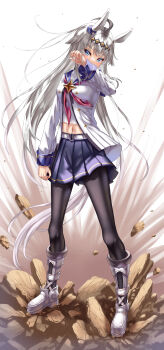 1girl absurdres ahoge animal_ears belt black_pantyhose blue_eyes blue_sailor_collar boots breasts brooch commentary_request ear_ornament grey_hair grey_tail hair_between_eyes hair_ornament hairband highres horse_ears horse_girl horse_tail jacket jewelry long_hair long_sleeves medium_breasts midriff multicolored_hair navel neckerchief oguri_cap_(starlight_beat)_(umamusume) oguri_cap_(umamusume) pantyhose pleated_skirt red_neckerchief rock sailor_collar shirt skirt solo star_brooch tail umamusume usamaru67pi white_belt white_boots white_jacket white_shirt