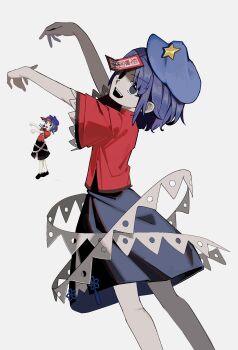 1girl 950magi618 black_eyes black_skirt commentary_request grey_background hat hat_ornament highres jiangshi lace-trimmed_sleeves lace_trim looking_at_viewer medium_hair miyako_yoshika official_art_inset ofuda open_mouth outstretched_arms purple_hair purple_hat red_shirt shirt simple_background skirt smile solo star_(symbol) star_hat_ornament ten_desires touhou zombie_pose