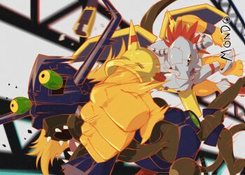 Rule 34 | armor, artist name, clenched hands, colored skin, diablomon, digimon, digimon (creature), digimon adventure, digimon adventure: bokura no war game, digimon day, dragon, green eyes, helmet, highres, orange skin, punching, red hair, short hair, smear frame, supermondobeat, wargreymon