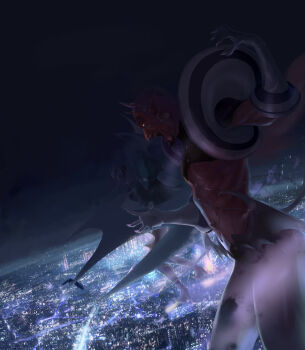 3boys animal_print azazel_(megami_tensei) bat_print beard black_hair boots chain city_lights colored_sclera colored_skin demon demon_(megami_tensei) demon_boy demon_tail demon_wings devil_summoner:_soul_hackers devil_summoner_(series) eyepatch facial_hair fingernails fog gloves glowing glowing_eyes goatee green_skin highres horns kazuma_kaneko_(style) long_nose multiple_boys multiple_wings night night_sky nyarko piercing pointy_ears purple_skin red_eyes red_skin satanael_(megami_tensei) sharp_fingernails shemyaza_(megami_tensei) sky tail white_eyes white_gloves wings yellow_sclera