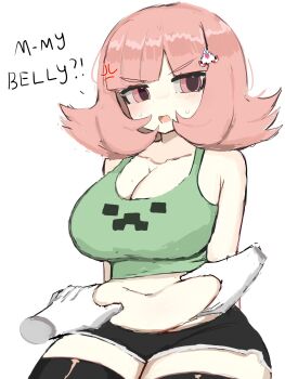 1girl anger_vein belly_grab black_shorts black_thighhighs breasts brown_hair cleavage creeper danganronpa_(series) danganronpa_2:_goodbye_despair flipped_hair green_shirt hair_ornament highres large_breasts looking_at_viewer m3link medium_hair minecraft mole mole_on_breast nanami_chiaki navel plump shirt shorts slightly_chubby_female solo thighhighs