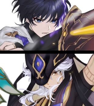 2boys ancient_egyptian ancient_egyptian_clothes animal_hat arm_up bishounen black_bodysuit black_border black_hair black_sleeves blocking blue_eyes body_markings bodysuit border bridal_gauntlets bright_pupils clenched_hand closed_mouth covered_armpit crossed_arms cyno_(genshin_impact) dark-skinned_male dark_skin electricity eyeliner eyeshadow fighting fractalmagnolia genshin_impact gold gold_ring hand_up hat hat_over_one_eye looking_at_another lower_teeth_only makeup middle_ring multiple_boys parted_lips polearm purple_rope red_eyeliner red_eyeshadow rope scaramouche_(genshin_impact) scene_reference short_sleeves sidelocks split_screen staff_of_the_scarlet_sands_(genshin_impact) teeth tsurime usekh_collar v-shaped_eyebrows wanderer_(genshin_impact) weapon white_background white_hair white_pupils white_sleeves yellow_eyes