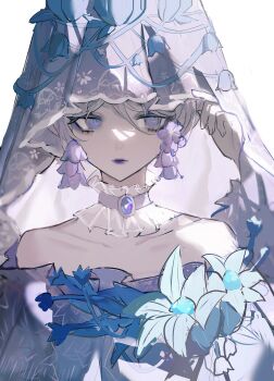 Rule 34 | 1girl, anlingennny, blue flower, chinese commentary, choker, commentary request, earrings, expressionless, eyeshadow, flower, frilled choker, frills, grey hair, highres, identity v, jewelry, looking to the side, makeup, melly plinius, melly plinius (ghost candle), off shoulder, official alternate costume, portrait, purple choker, purple eyes, purple eyeshadow, purple flower, purple lips, purple theme, solo, veil