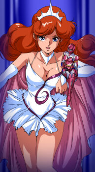 2girls absurdres asano_maki blue_eyes breasts brown_hair cape cherry_bomber choker cleavage collarbone commentary_request detached_sleeves dress feet_out_of_frame highres humanoid_robot long_hair looking_at_viewer masaaki_endo medium_breasts mini_person minigirl multiple_girls open_mouth pink_cape plawres_sanshirou robot robot_girl short_dress sitting_on_arm smile spaghetti_strap standing thighs tiara white_choker white_dress white_sleeves