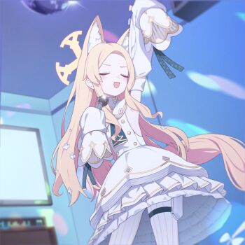 1girl animal_ears bad_tag blonde_hair blue_archive closed_eyes dress fox_ears fox_girl furry game_cg halo indoors karaoke microphone music non-web_source official_art pantyhose school_uniform seia_(blue_archive) singing smile solo solo_focus white_dress