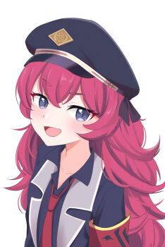 1girl :d armband black_hat black_shirt blue_archive blue_eyes blush commentary_request hair_between_eyes hat iroha_(blue_archive) long_hair looking_at_viewer missing_halo necktie open_mouth peaked_cap ramkilog red_armband red_hair red_necktie shirt simple_background smile solo upper_body white_background