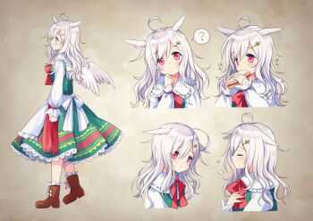 1girl ? ahoge animal_ears apron bird_ears bird_wings blush boots bow bowtie brown_background brown_boots collared_shirt commentary_request cropped_torso dress eating feathered_wings food frilled_dress frilled_shirt_collar frilled_skirt frills full_body green_skirt green_vest holding holding_food holding_sandwich long_hair long_sidelocks looking_at_viewer motohara_moka multiple_views original red_bow red_bowtie red_eyes reference_sheet sandwich shirt sidelocks skirt socks speech_bubble spoken_question_mark standing upper_body vest waist_apron white_apron white_hair white_shirt white_socks wings