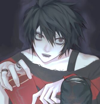 1boy absurdres alternate_costume bags_under_eyes bare_shoulders black_background black_eyes black_hair black_lips black_pants black_shirt bra_strap collarbone cup death_note denim disposable_cup double-parted_bangs face_piercing fingernails futo_(tofuutoufofuto) hair_between_eyes hand_up hashtag-only_commentary highres holding holding_cup hunched_over jeans jewelry knee_up l_(death_note) lip_piercing long_sleeves looking_at_viewer male_focus messy_hair off-shoulder_shirt off_shoulder pale_skin pants parted_lips piercing red_shirt ring shirt short_hair simple_background sleeves_past_wrists solo spiked_hair striped_clothes striped_shirt swept_bangs torn_clothes torn_jeans torn_pants two-tone_shirt upper_body upturned_eyes