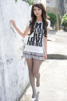 1girl absurdres asian asiangirl5832 brown_hair female_focus headband high_heels highres long_hair looking_at_viewer model outdoors pantyhose photo_(medium) shirt skirt solo white_shirt