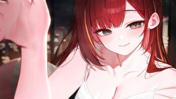 1girl absurdres akane_lize blurry blurry_background blurry_foreground blush breasts cleavage closed_mouth collarbone depth_of_field eyelashes grey_eyes hashtag-only_commentary highres huhi_(huhi_1211) looking_at_viewer mole mole_under_eye multicolored_hair parted_bangs reaching reaching_towards_viewer red_hair shirt sleeveless sleeveless_shirt smile solo stellive strap_slip streaked_hair sweat upper_body virtual_youtuber white_shirt