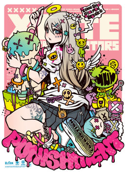 Rule 34 | 1girl, absurdly detailed composition, alternate weapon, angel, arrow hair ornament, arrow symbol hair ornament, chain, commentary request, decora, doll hair ornament, emoji hair ornament, english text, engrish text, frutiger metro, gyaru, highres, lock, original, padlock, profanity, project.c.k., punk, ranguage, road, rokku gyaru, street, streetwear, tattoo, thumb ring, weapon