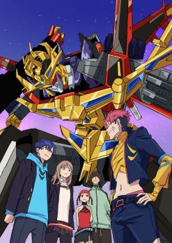 2girls 3boys arai_hiroki arms_behind_back asanaka_yomogi asukagawa_chise bandages belt black_belt black_hair black_skirt blue_hair blue_jacket blue_pants brown_hair covered_eyes gauma green_eyes green_jacket gridknight_(ssss.gridman) gridman_universe hair_behind_ear hair_over_eyes halterneck halterneck highres jacket kaiser_gridknight leaning_forward mecha minami_yume multiple_boys multiple_girls navel orange_eyes pants pantyhose pink_hair robot school_uniform science_fiction skirt smile ssss.dynazenon super_robot sweatpants undercut visor yamanaka_koyomi