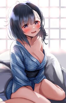 1girl asymmetrical_bangs backlighting bad_source bath_yukata black_hair blush breasts cleavage grey_kimono highres japanese_clothes kimono kiryuuin_aoi large_breasts looking_at_viewer lying on_side open_mouth print_kimono purple_eyes purple_sash sash sg_(esujii) single_bare_shoulder single_off_shoulder sitting smile solo thighs umamusume wariza wide_sleeves yukata