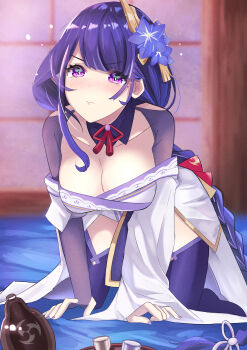 Rule 34 | 1girl, absurdres, all fours, back bow, bent over, blunt bangs, blurry, blurry background, blush, bow, braid, breasts, bridal gauntlets, cleavage, collarbone, commentary, drunk, electro symbol (genshin impact), fan hair ornament, genshin impact, hair ornament, hair ribbon, hanging breasts, highres, huge breasts, indoors, japanese clothes, kimono, leaning forward, long braid, multicolored eyes, multicolored hair, mxsoundtube, neck ribbon, nose blush, off shoulder, on floor, purple eyes, purple hair, purple kimono, purple nails, purple ribbon, purple thighhighs, raiden shogun, red ribbon, red sash, ribbon, sash, single braid, solo, streaked hair, thick thighs, thighhighs, thighs