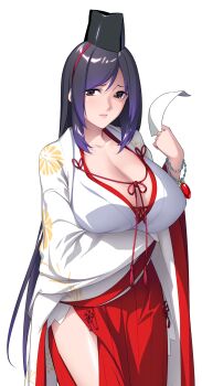 1girl arm_under_breasts beads black_hair bracelet breasts brown_eyes cleavage closed_mouth game_cg hakama hakama_skirt hat highres holding huge_breasts japanese_clothes jewelry kimono large_variant_set lips long_hair long_sleeves looking_at_viewer magical_girl miko multicolored_hair nanao_(mahaya) non-web_source ochite_iku_seisenshi_lunatic_angels official_art paper purple_hair red_hakama simple_background skirt solo talisman tate_eboshi transparent_background variant_set very_long_hair white_background white_kimono wide_sleeves