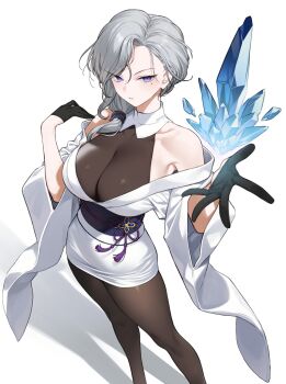 1girl absurdres bare_shoulders black_gloves bodystocking breasts cleavage closed_mouth collarbone cryokinesis enjo_kouhai gloves hair_between_eyes half_gloves highres ice japanese_clothes kamishimo_kasumi kimono large_breasts long_sleeves looking_at_viewer mole mole_under_eye second-party_source shadow simple_background solo standing swept_bangs takunomi white_background white_kimono wide_sleeves yuki_onna