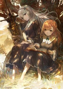 2girls against_tree arnas_(yoru_no_nai_kuni) barefoot black_dress book braid brown_eyes crest crown_braid dappled_sunlight dress grass gust hairband half_updo hand_on_lap huge_weapon light_brown_hair light_smile long_hair long_sleeves looking_at_another lyuritis_(yoru_no_nai_kuni) multiple_girls non-web_source official_art open_book outdoors school_uniform serious silver_hair sitting soaking_feet sunlight sword tree water weapon yoru_no_nai_kuni yoshiku_(oden-usagi)