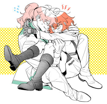 1boy 1girl :t arms_around_neck blush boots carrying coat colored_eyelashes dress fate/grand_order fate_(series) flying_sweatdrops fujimaru_ritsuka_(female) fujimaru_ritsuka_(female)_(decisive_battle_chaldea_uniform) full_body furrowed_brow gloves hair_between_eyes highres hug j_(fgj110101) knee_boots knees_up long_hair long_sleeves looking_at_another medium_hair orange_eyes orange_hair pants pink_hair ponytail pout princess_carry romani_archaman simple_background sitting spot_color squiggle sweat v-shaped_eyebrows