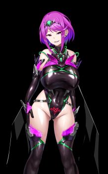 1girl absurdres black_background black_gloves black_leotard boots breasts circlet commentary_request core_crystal_(xenoblade) corruption covered_erect_nipples dark_persona earrings elbow_gloves evil_grin evil_smile gloves gluteal_fold grin half-closed_eyes highleg highleg_leotard highres jewelry large_breasts latex latex_gloves latex_leotard leotard looking_at_viewer medium_hair miyashiro_ryuutarou purple_eyes purple_hair pyra_(xenoblade) simple_background smile solo teeth thigh_boots xenoblade_chronicles_(series) xenoblade_chronicles_2