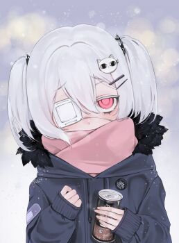 1girl black_jacket blurry blurry_background brown_scarf can cat_hair_ornament commentary_request covered_mouth eyepatch fingernails fur-trimmed_jacket fur_trim grey_hair hair_between_eyes hair_ornament hands_up highres holding holding_can jacket long_sleeves looking_at_viewer medical_eyepatch nekojiru_udon ompf original pink_eyes scarf short_hair sleeves_past_wrists snow solo upper_body