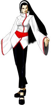 1girl black_hair breasts brown_eyes dress female_focus hairband kagura_chizuru large_breasts long_hair long_sleeves pale_skin shoes standing the_king_of_fighters thick_thighs thighs wide_hips zakuta