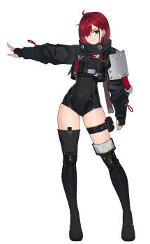 1girl absurdres ahoge aqua_eyes arm_at_side arm_up armor black_boots black_gloves black_leotard boots closed_mouth commentary_request contrapposto covered_navel crop_top earrings fingerless_gloves full_body gloves hair_intakes high_collar highres jewelry kai_(pixiv12466647) knee_pads leotard long_sleeves looking_at_viewer mole mole_under_eye original outstretched_arm pouch puffy_long_sleeves puffy_sleeves red_hair short_hair shoulder_armor simple_background smile solo standing thigh_boots thigh_pouch thigh_strap white_background