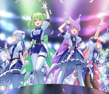 4girls absurdres aokumo_rin arms_up blue_dress blue_hair blush breasts commentary cone_hair_bun dress fang fox_girl fox_tail frilled_dress frills glowstick green_eyes green_hair hair_bun hair_rings hanako_nana highres idol kaze_22 long_hair medium_breasts multiple_girls one_eye_closed open_mouth pantyhose pink_hair puffy_short_sleeves puffy_sleeves purple_eyes purple_hair short_hair short_sleeves skin_fang small_breasts stage standing stellive tail teeth tenko_shibuki thigh_strap twintails upper_teeth_only v v_over_head very_long_hair virtual_youtuber white_hair white_pantyhose wrist_cuffs yellow_eyes yuzuha_riko