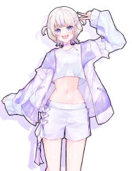 Rule 34 | 1girl, blonde hair, blush, choker, hair ornament, highres, hololive, hololive dev is, jacket, looking at viewer, ma draws, midriff, multicolored hair, navel, open clothes, open jacket, open mouth, purple choker, purple eyes, purple hair, shirt, short hair, shorts, smile, solo, streaked hair, todoroki hajime, two side up, v, virtual youtuber, white jacket, white shirt, white shorts