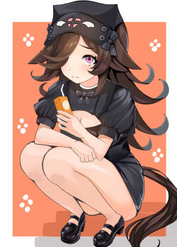 1girl absurdres animal_ears bigboss021 black_bow black_hat black_shirt black_shoes black_skirt blush border bow breasts brown_hair cleavage cleavage_cutout closed_mouth clothing_cutout commentary_request flipped_hair floppy_ears full_body hair_over_one_eye hat heart heart_print highres holding holding_juice_box horse_ears horse_girl horse_tail juice_box long_hair medium_breasts orange_background puffy_short_sleeves puffy_sleeves purple_eyes rice_shower_(umamusume) shadow shirt shoes short_sleeves skirt solo squatting tail umamusume white_border wing_print