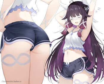 1girl arms_up ass ass_focus black_hair black_shorts breasts camisole chintora0201 closed_eyes columbina_(genshin_impact) eye_mask genshin_impact head_wings highres mask midriff multicolored_hair multiple_views navel open_mouth purple_hair short_shorts shorts small_breasts stomach thighs two-tone_hair white_camisole wings