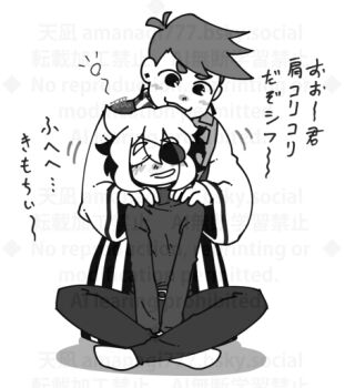 Rule 34 | covered face, earrings, eyepatch, greyscale, holding another's arm, in stars and time, isabeau (in stars and time), jewelry, looking at another, looking down, monochrome, r amanagi777, siffrin (in stars and time), tassel, tassel earrings