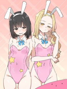 1other 2girls :/ absurdres aged_up animal_ears bare_shoulders black_hair blonde_hair blush breasts brown_eyes covered_navel cowboy_shot detached_collar facial_scar fake_animal_ears gluteal_fold heart heart-shaped_pupils highres kirarazaka_marina kuze_shizuka leotard long_hair looking_at_viewer medium_hair multiple_girls open_mouth pink_leotard playboy_bunny rabbit_ears raised_eyebrow scar scar_on_cheek scar_on_face small_breasts symbol-shaped_pupils takopii takopii_no_genzai thigh_gap xlyami yellow_eyes