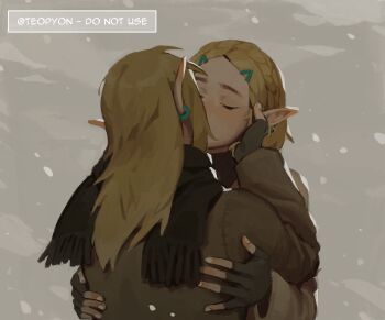 1boy 1girl absurdres artist_name blonde_hair braid closed_eyes coat cold couple crown_braid earrings english_text hair_ornament hands_on_another's_face hetero highres jewelry kiss link long_hair nintendo outdoors pointy_ears princess_zelda pyonteo scarf simple_background snow snowing the_legend_of_zelda the_legend_of_zelda:_breath_of_the_wild the_legend_of_zelda:_tears_of_the_kingdom upper_body winter winter_clothes winter_coat