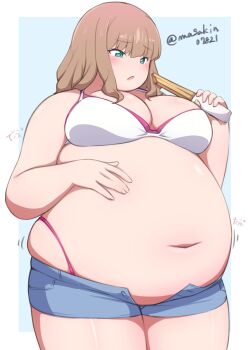 1girl absurdres big_belly bikini blush breasts brown_hair churro cleavage eating fat fat_woman green_eyes gridman_universe gridman_universe_(movie) hand_on_own_stomach highleg highleg_bikini highres large_breasts masakin medium_hair minami_yume navel obese obese_female open_mouth pink_bikini short_shorts shorts skindentation solo standing swimsuit unbuttoned_pants white_bikini