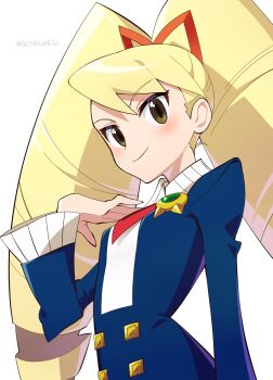 1girl 4rion absurdres artist_name blonde_hair blush bow drill_hair green_eyes hair_bow highres long_hair looking_at_viewer luna_platz_(mega_man) mega_man_(series) mega_man_star_force_(series) red_bow simple_background smile twin_drills very_long_hair white_background
