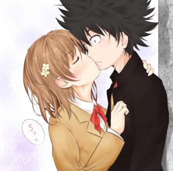 1boy 1girl a_certain_high_school_uniform black_hair blazer bow bowtie brown_hair brown_jacket collared_shirt commentary_request eye_contact gakuran hug jacket kamijou_touma kiss long_sleeves looking_at_another medium_hair misaka_mikoto red_bow red_bowtie school_uniform shin_(highest1192) shirt short_hair speech_bubble spiked_hair toaru_kagaku_no_railgun toaru_majutsu_no_index tokiwadai_school_uniform white_shirt wide-eyed winter_uniform