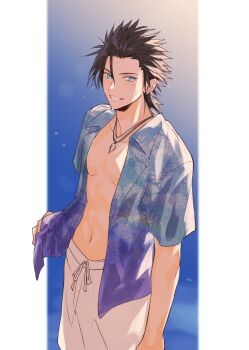 1boy black_hair blue_eyes blue_shirt collarbone commentary_request cowboy_shot cross_scar earrings facial_scar final_fantasy final_fantasy_vii final_fantasy_vii:_ever_crisis floral_print floral_print_shirt highres jewelry ktsmmi looking_at_viewer male_focus male_swimwear navel necklace official_alternate_costume open_clothes open_shirt parted_lips print_shirt scar scar_on_cheek scar_on_face shirt short_hair spiked_hair stomach swim_trunks wet wet_hair white_swim_trunks zack_fair zack_fair_(surfer_look)