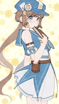 1_hcs 1girl arm_belt arm_bow armband belt belt_bag belt_buckle blue_bow blue_eyes blue_hat blue_neckerchief blue_sailor_collar blue_shirt blue_sky book bow brown_bag brown_belt buckle chest_belt closed_mouth cowboy_shot dot_nose envelope_hair_ornament expressionless eyelashes floral_background gold_buckle hair_ornament hat heart high-waist_skirt highres holding holding_book layered_skirt letter light_blush looking_ahead love_letter miniskirt miracle_nikki multiple_belts neckerchief newsboy_cap nikki_(series) pleated_skirt polka_dot polka_dot_background sailor_collar shirt showgirl_skirt skirt sky sleeveless sleeveless_shirt solo standing stylist_(nikki) tareme tassel tassel_hair_ornament white_armband white_belt white_skirt yellow_background