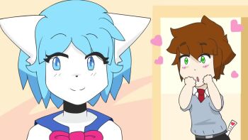 1boy 1girl animal_ears animated audible_music audible_speech black_choker blue_eyes blue_hair blush brown_hair cat_ears cat_girl choker couple english_audio green_eyes heart husband_and_wife implied_violence indie_virtual_youtuber jordan_sweeto jordan_sweeto_(artist) parody school_uniform sound swoon tagme video virtual_youtuber wolfychu yandere yandere_simulator