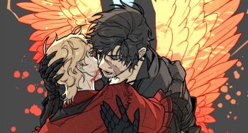 Rule 34 | 2boys, beard stubble, black cloak, black gloves, black hair, blonde hair, blood, blood on face, blood splatter, brothers, clive rosfield, cloak, closed eyes, facial hair, facial scar, feathered wings, final fantasy, final fantasy xvi, fire doggydogdo, gloves, grey background, hair between eyes, hand in another's hair, hashtag-only commentary, hug, joshua rosfield, male focus, multiple boys, open mouth, red shawl, scar, scar on cheek, scar on face, shawl, short hair, siblings, stubble, tears, upper body, wings
