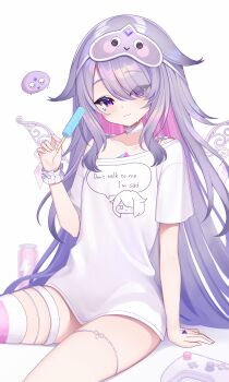 Rule 34 | 1girl, :3, absurdres, chest jewel, closed mouth, colored inner hair, commentary, controller, demcheg, flat chest, food, game controller, gem, gradient hair, hair over one eye, hand jewel, highres, holding, holding food, holding popsicle, hololive, hololive english, jewel under eye, jewelry, koseki bijou, koseki bijou (pebble pajamas), long hair, looking at viewer, mask, mask on head, metal wings, multicolored hair, no pants, official alternate costume, pebble (koseki bijou), pink hair, popsicle, purple eyes, purple gem, purple hair, shirt, sidelocks, simple background, single off shoulder, single thighhigh, sitting, sleep mask, solo, t-shirt, thigh strap, thighhighs, thighlet, untranslatable commentary, very long hair, virtual youtuber, white background, white shirt