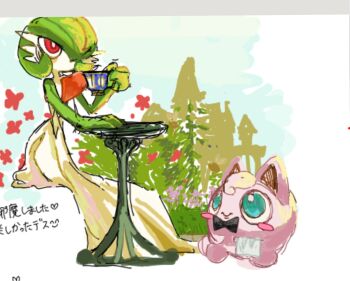 Rule 34 | 1girl, aliasing, black bow, black bowtie, blue eyes, blush, blush stickers, bob cut, bowtie, colored skin, cup, female focus, flat chest, flower, gardevoir, gen 1 pokemon, gen 3 pokemon, grass, green hair, green skin, hair over one eye, hand up, heart, holding, holding cup, invisible chair, japanese text, jigglypuff, looking at another, multicolored skin, nintendo, no mouth, one eye covered, pokemon, pokemon (creature), powerpuff (pixiv 60944739), red eyes, red flower, short hair, sitting, sketch, table, teacup, traditional bowtie, translation request, tree, two-tone skin, waiter, white skin