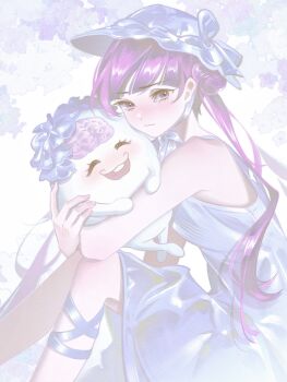 Rule 34 | 1girl, absurdres, alternate costume, bare shoulders, blush, brain, carrying, chinese commentary, closed mouth, commentary request, dress, eyelashes, foufou1115, hair bun, hat, highres, leg ribbon, long hair, looking at viewer, open mouth, pink eyes, pink hair, ribbon, sirei (hundred line), sitting, sleeveless, sleeveless dress, smile, spoilers, the hundred line -last defense academy-, tsukumo ima, tsukumo kako, variant set, white background, white dress, white hat, white ribbon