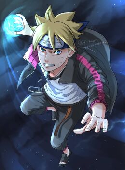 1boy belt black_pants black_pantyhose blonde_hair blue_eyes blue_headband boruto:_naruto_next_generations brown_belt clenched_teeth commentary energy_ball facial_mark forehead_protector from_above full_body headband highres jewelry konohagakure_symbol male_focus matsu_(fu6ide2) naruto_(series) necklace open-toe_shoes pants pantyhose rasengan shirt solo teeth twintails twitter_username uzumaki_boruto watermark whisker_markings white_shirt