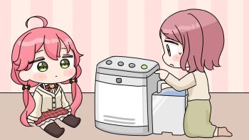 2girls :o ahoge black_thighhighs blush_stickers brown_eyes brown_hair brown_jacket brown_shirt brown_socks chibi closed_mouth collared_shirt dress_shirt green_eyes green_skirt highres hololive humidifier indoors jacket kneeling long_hair long_sleeves low_twintails mochimiko mother_and_daughter multiple_girls no_shoes on_floor parted_lips pink_hair plaid_clothes plaid_skirt puffy_long_sleeves puffy_sleeves red_skirt sakura_miko shirt sitting skirt small_sweatdrop socks sweat swept_bangs thighhighs twintails very_long_hair virtual_youtuber water white_shirt