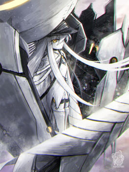 1girl absurdres artist_name blue_archive cloak closed_mouth colored_skin dress expressionless halo hat highres large_hat long_hair looking_at_viewer malkuth_(blue_archive) namami_(namami0115) solo symbol-shaped_pupils white_cloak white_dress white_hair white_skin x-shaped_pupils yellow_eyes yellow_halo
