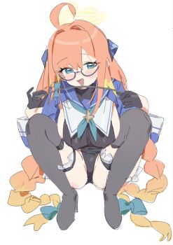 1girl ahoge aqua_neckerchief black_leotard black_thighhighs blue_archive blue_shrug braid braided_twintails feather_hair feathers full_body glasses gloves half_gloves halo halter_leotard halterneck highres holding holding_riding_crop leotard long_hair looking_at_viewer low_twin_braids neckerchief nemo_(leafnight) official_alternate_costume orange_hair riding_crop semi-rimless_eyewear shimiko_(blue_archive) shimiko_(magical)_(blue_archive) shrug_(clothing) solo squatting super_highleg thighhighs twin_braids white_background yellow_feathers yellow_halo