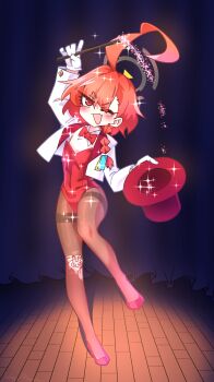 1girl absurdres ahoge black_halo blue_archive brown_pantyhose commentary_request curtains full_body halo hat highleg highleg_leotard highres huge_ahoge jacket korean_commentary leotard magician neru_(blue_archive) one_eye_closed orange_hair pantyhose red_eyes red_hat red_leotard red_shoes shoes short_hair smile solo strapless strapless_leotard thighband_pantyhose tobeymaru top_hat unworn_hat unworn_headwear wand white_jacket wooden_floor